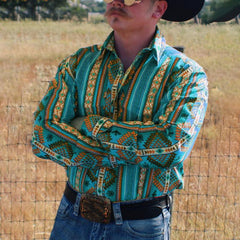 【24-hour shipping out】Men's Western Cowboy Stripe Printed Vacation Long Sleeve Shirt 43560067X