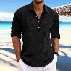 Men's Casual Solid Color Pullover Lapel Roll-Up Cotton and Linen Sleeve Long Sleeve Shirt 41061054Y