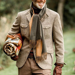 Men's Vintage Herringbone Fabric Stand Collar Multi-Pocket Safari Jacket 74248093Y