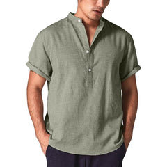 Men's Solid Color Stand Collar Cotton Linen Short Sleeve Shirt 25025155X