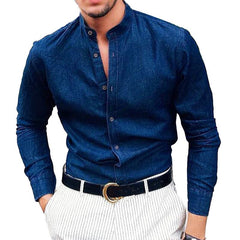 Men's Solid Color Stand Collar Button-Down Long Sleeve Shirt 71057039X