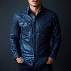 Men's Stylish Dark Blue Lapel Long Sleeve Leather Shirt 72993130F