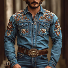 【24-hour shipping out】Men's Western Cowboy Style Embroidered Lapel Chest Pocket Long Sleeve Denim Shirt 00380923Z