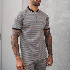 Men's Zipper Henley Collar Plaid Short Sleeve Top Shorts Casual Set 16624506Z