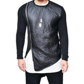 Men's Pu Leather Stitching Zip-up Round Neck Long-sleeved T-shirt(Internal T-shirt not included) 12785925U