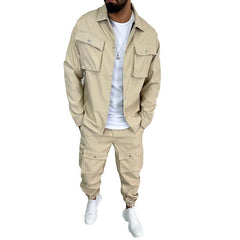 Men's Solid Color Lapel Single Breasted Jacket Trousers Cargo Set 01388512Z