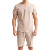 Men's Zip Round Neck Solid Short Sleeve T-shirt Shorts Casual Set 02594866Z