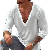Men's Casual Cotton Linen V-neck Loose Long Sleeve T-shirt 77010446M