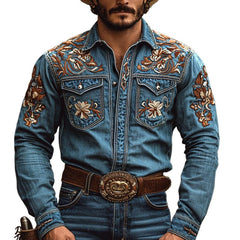 【24-hour shipping out】Men's Western Cowboy Style Embroidered Lapel Chest Pocket Long Sleeve Denim Shirt 00380923Z