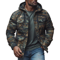 Men's Casual Outdoor Camouflage Hooded Multi-Pocket Single-Breasted Jacket 42185129M