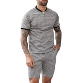 Men's Zipper Henley Collar Plaid Short Sleeve Top Shorts Casual Set 16624506Z
