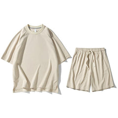 Men's Solid Loose Round Neck Short Sleeve T-shirt Shorts Set 58391456Z