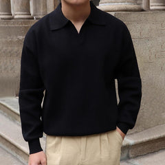 Men's Solid Color Lapel Long Sleeve Knit Polo Shirt 27298095Z