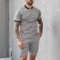 Men's Zipper Henley Collar Plaid Short Sleeve Top Shorts Casual Set 16624506Z