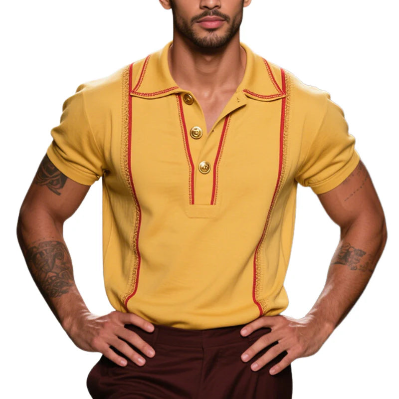 Men's Vintage Casual Striped Embroidered Cotton Short Sleeve Polo Shirt MTA2985E3TO