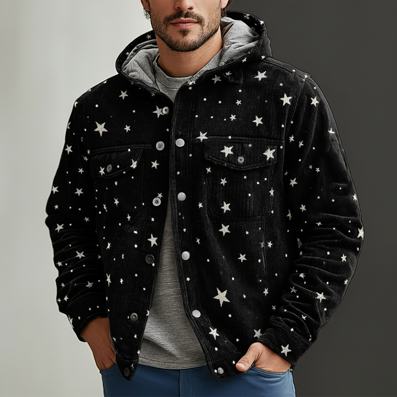 Men's Winter Retro Star Print Velvet Hooded Jacket MTA1085K9P