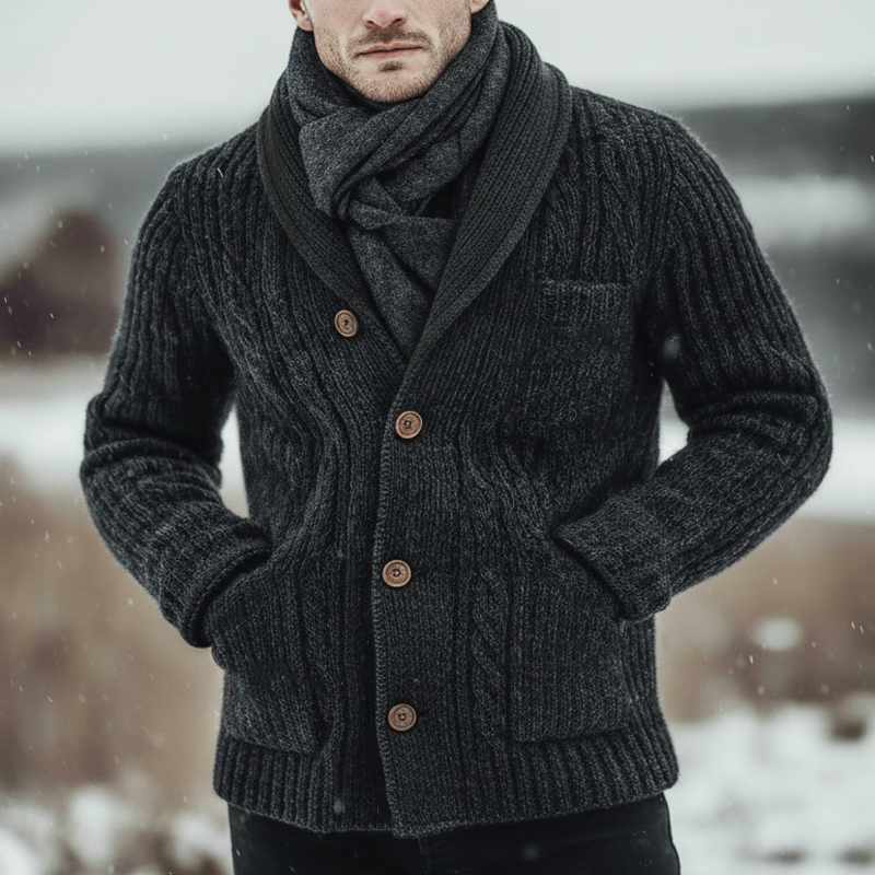 Men's Classic Thick Dark Gray Jacquard Knit Button-up Cardigan MTA2980K9U