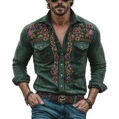 Men's Classic Retro Western Style Embroidered Faux Suede Slim Fit Long-Sleeve Shirt MTA0189L7K