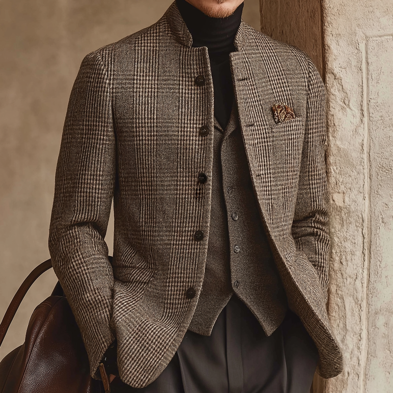 Men's Retro Casual Tweed Plaid Stand Collar Jacket  MTA1165K3TO