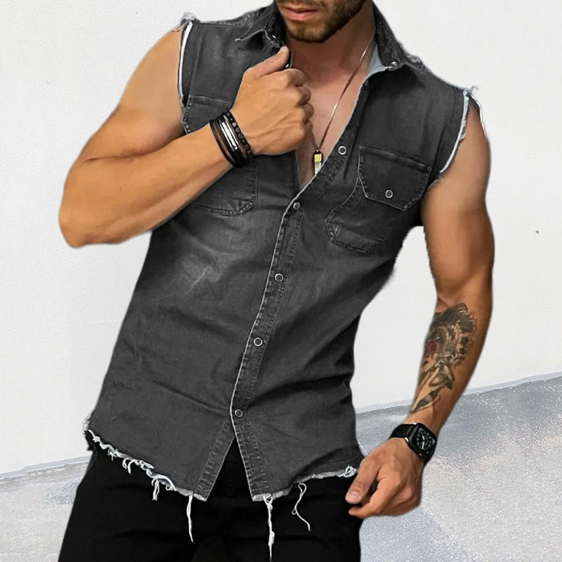 Men's Vintage Washed Raw Edge Lapel Sleeveless Denim Shirt 47486407M