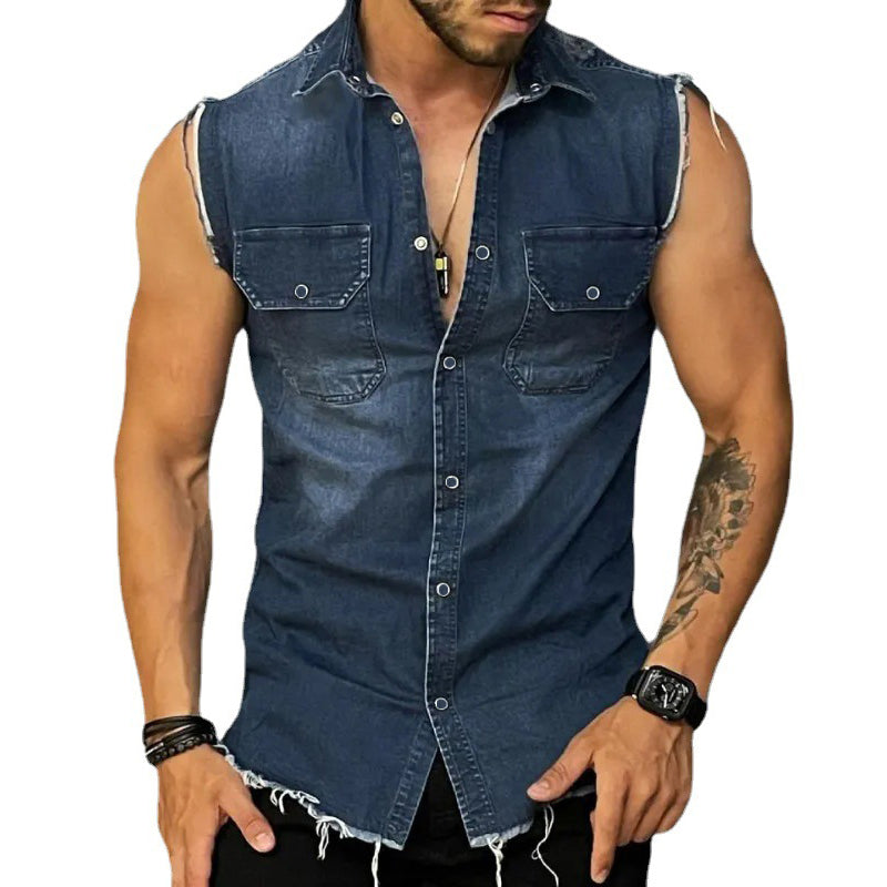 Men's Vintage Washed Raw Edge Lapel Sleeveless Denim Shirt 47486407M