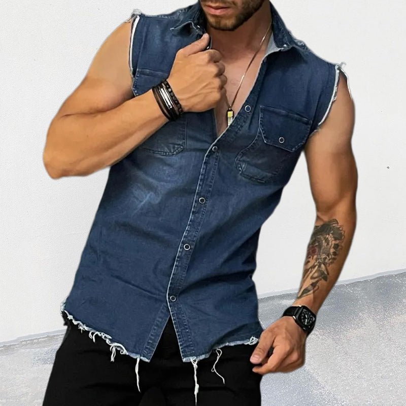 Men's Vintage Washed Raw Edge Lapel Sleeveless Denim Shirt 47486407M