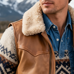 Men's Winter Retro PU Faux Leather Lambswool Collar Zipper Vest MTA0502K4P