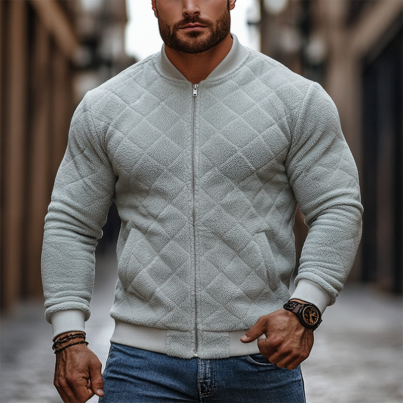 Men's Solid Color Fleece Quilted Baseball Collar Jacket MTA0124K8X