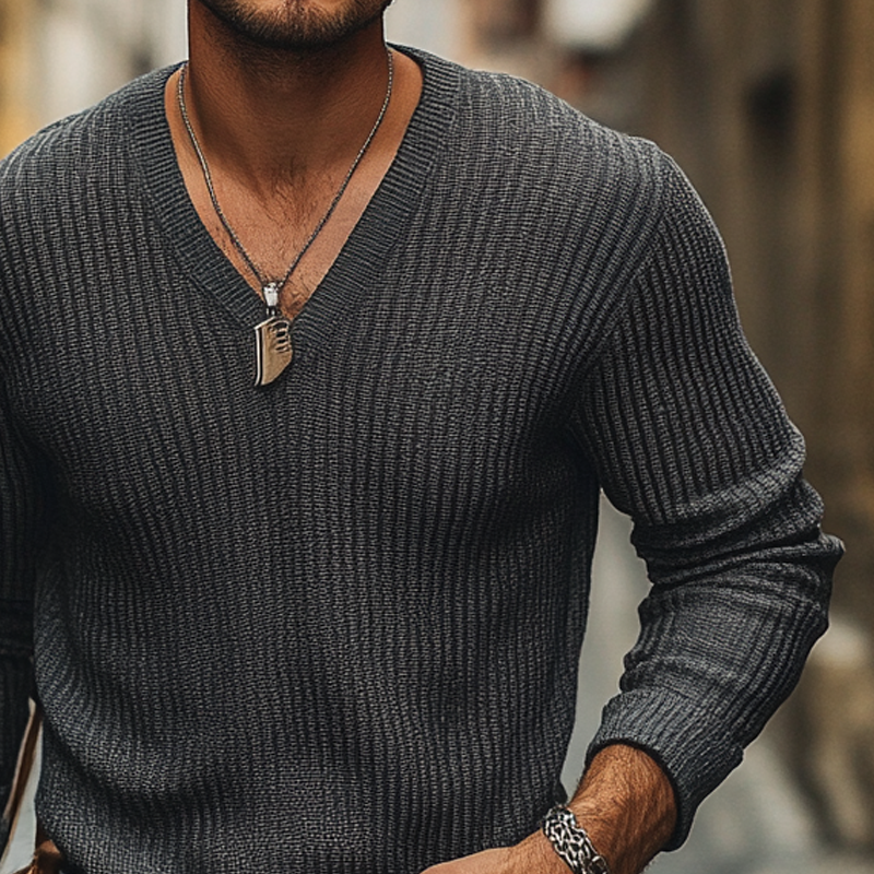 Men's Solid Color Knitted V-neck Loose Pullover Sweater MTA0509K2X