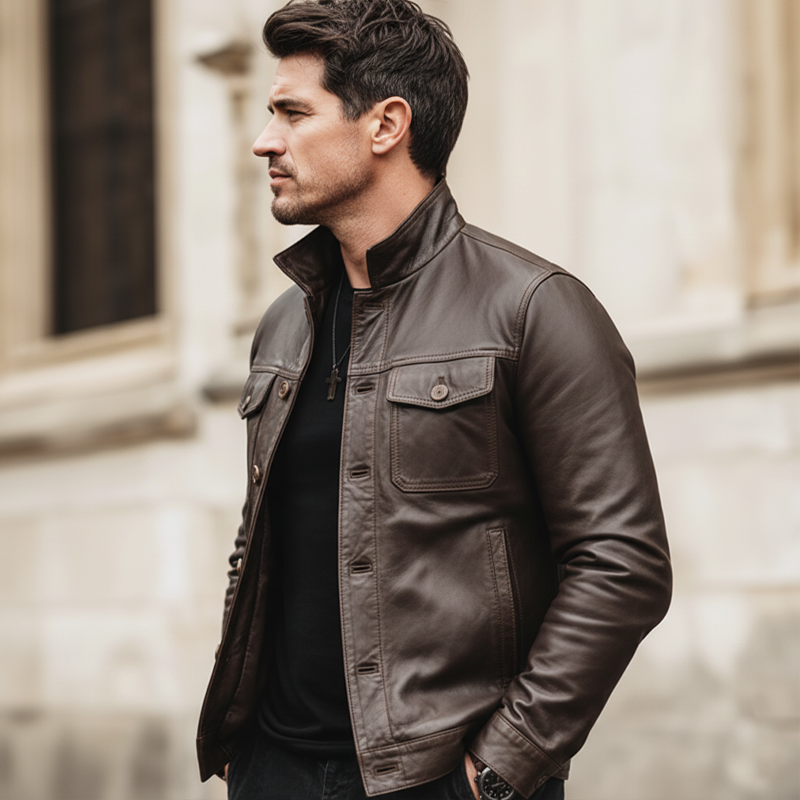 Men's Urban Stand-collar Button-up Brown PU Leather Jacket MTA0480L6U