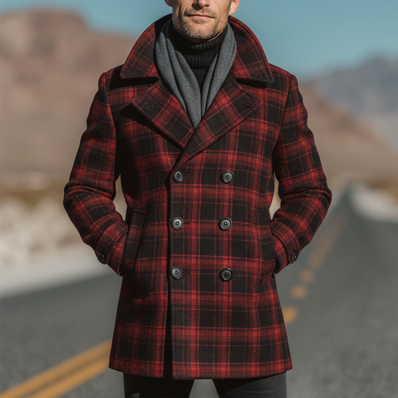 Men's Winter Fashion Plaid Faux Wool Mid-length Lapel Coat MTA1195J8P