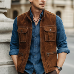 Men's Classic Stand-collar Zippered Suede Multi-pocket Vest MTA0129L9U