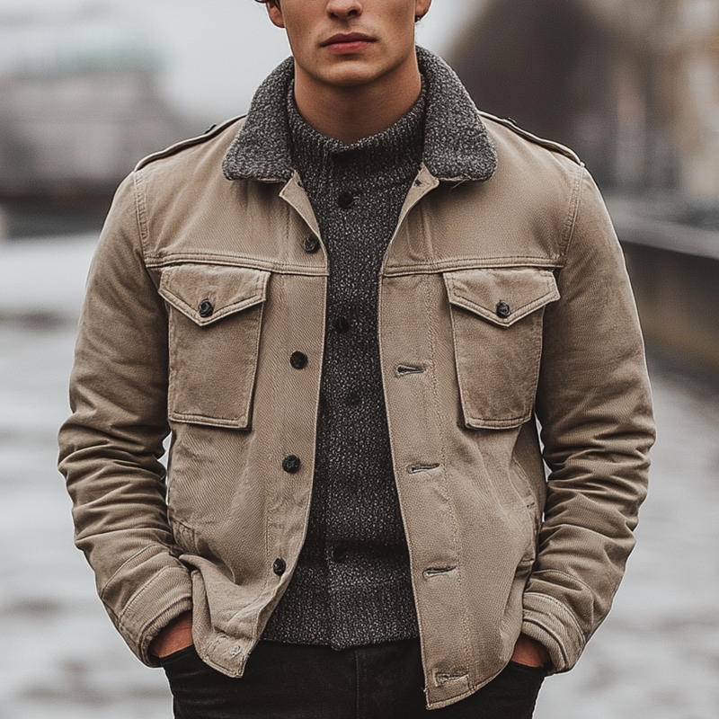 Men's Winter Retro Twill Faux Fur Collar Jacket MTA1509K0P