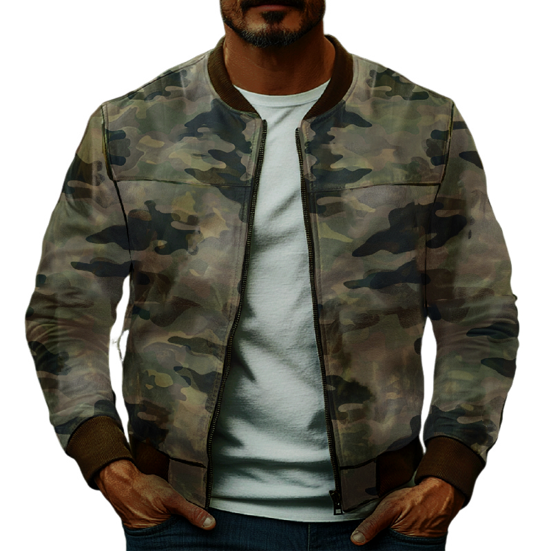 Men's Casual Camouflage Baseball Leather Jacket 26324545F