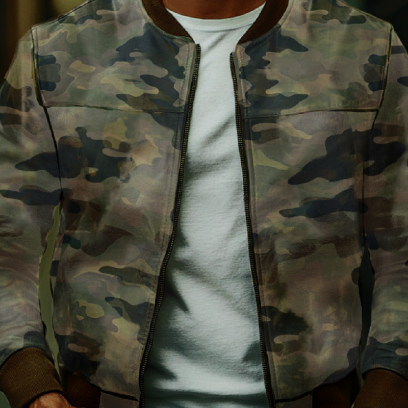 Men's Casual Camouflage Baseball Leather Jacket 26324545F