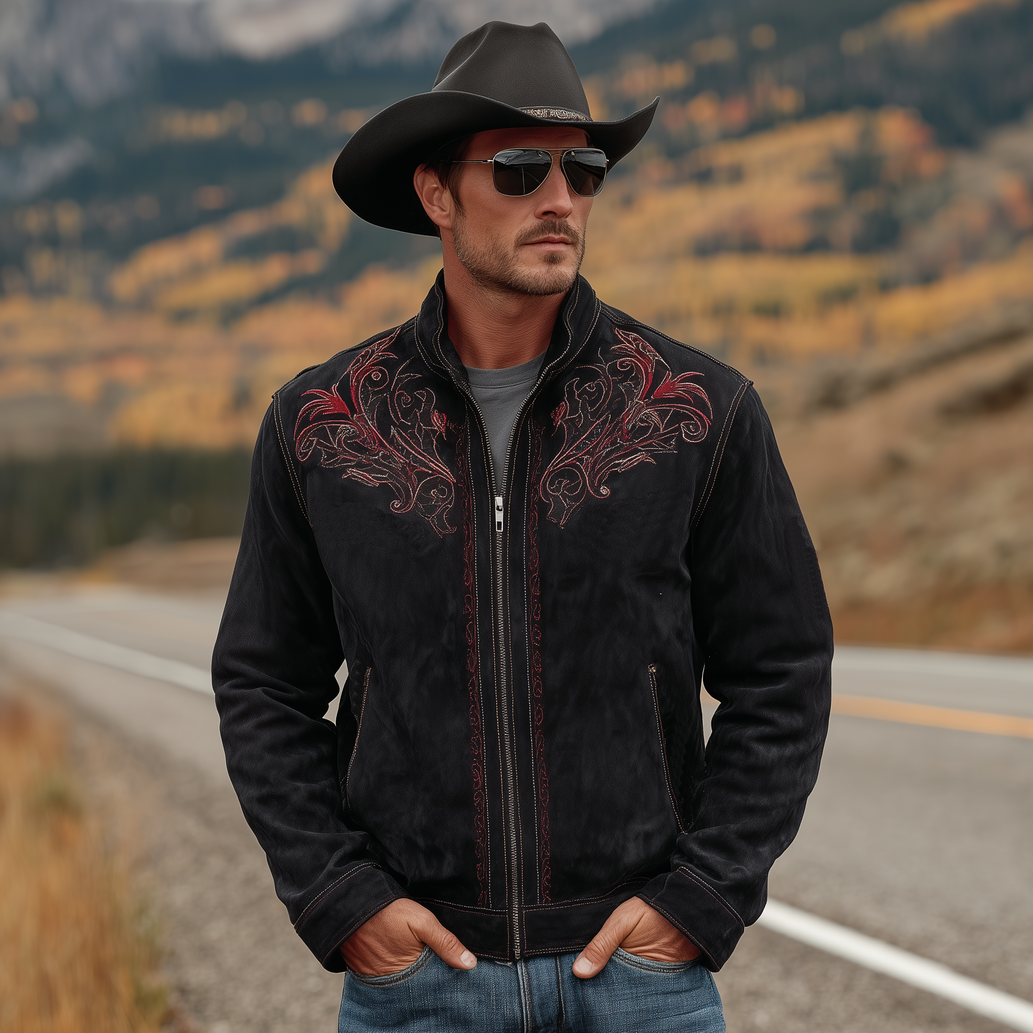 Men's Classic Retro Western Style Stand-up Collar Embroidered Faux Suede Zip-up Jacket MTA2799K9K