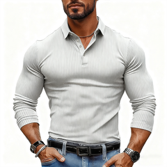 Men's Striped Textured Basic Elastic Long-sleeved POLO Shirt MTA1139J2X