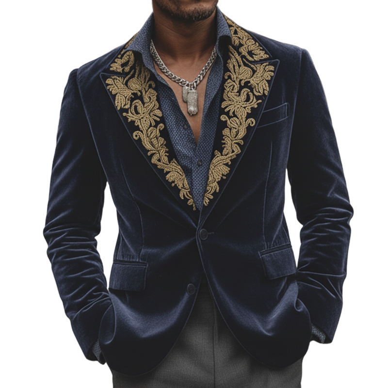 Men's Vintage Embroidered Velvet Two-button Double-vented Blazer MTA2136K8U