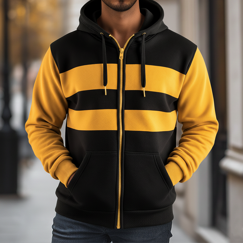 Men's Retro Color Block Striped Zip-Up Hooded Sweatshirt MTA0307K5P