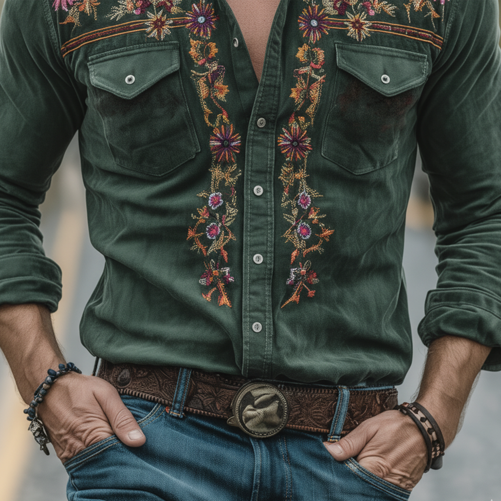 Men's Classic Retro Western Style Embroidered Faux Suede Slim Fit Long-Sleeve Shirt MTA0189L7K