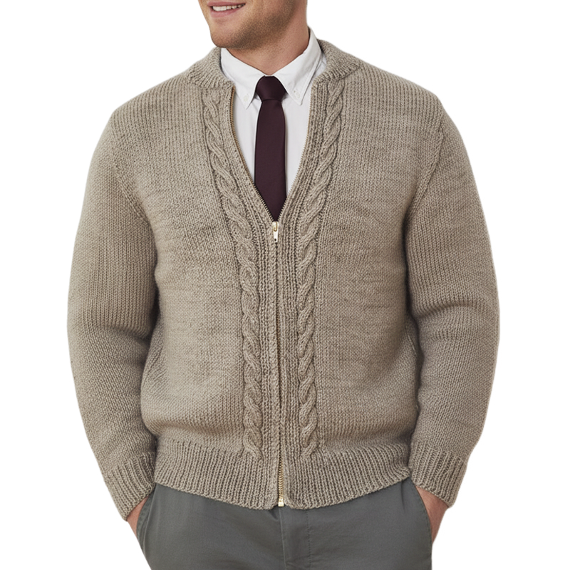 Men's Classic Versatile Khaki Jacquard Zip-up Cardigan MTA0314K9U