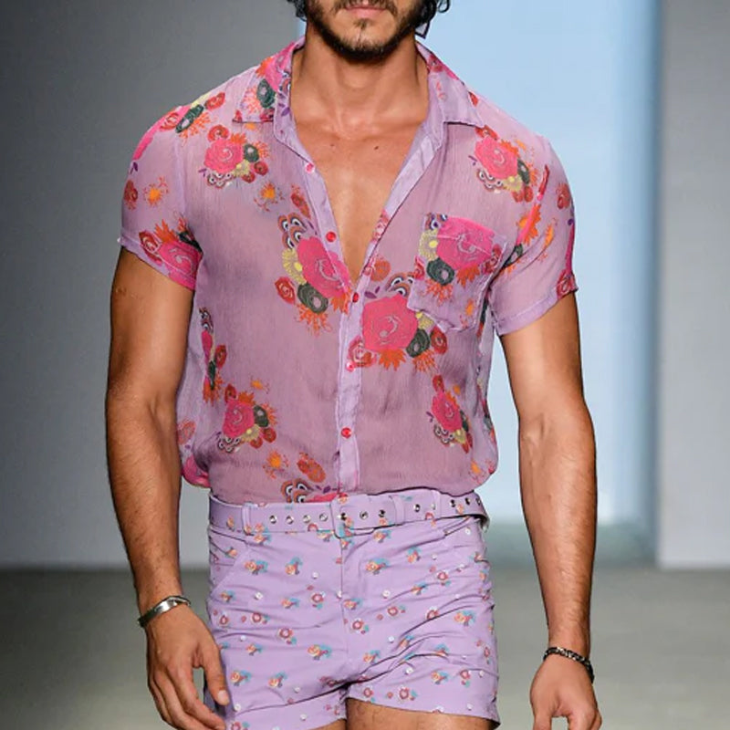 【24-hour shipping out】Men's Retro Casual Mesh Printed Floral Lapel Short Sleeve Shirt MTA1435D2TO