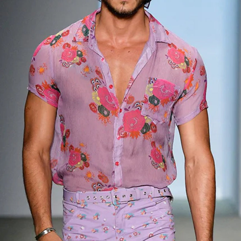 【24-hour shipping out】Men's Retro Casual Mesh Printed Floral Lapel Short Sleeve Shirt MTA1435D2TO