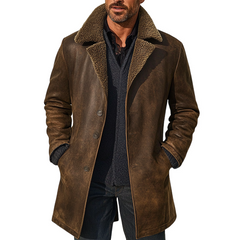 Men's Retro Distressed Faux Leather Collar Patchwork Fleece Mid-Length Coat MTA1530K0X