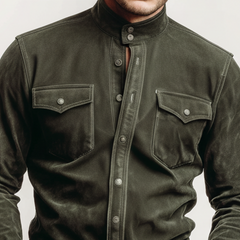 Men's Classic Retro Western Style Stand-up Collar Faux Suede Long-sleeved Shirt MTA1744K8K