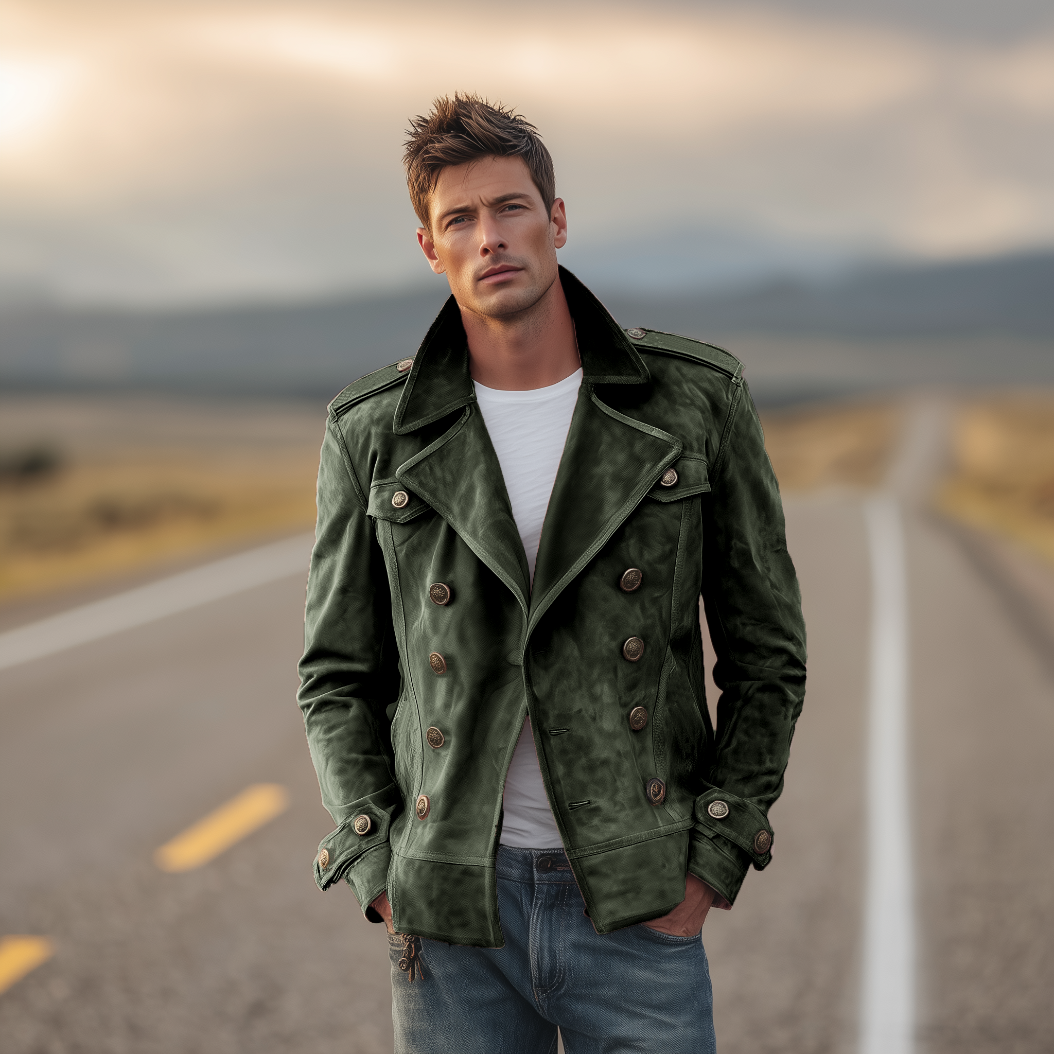 Men's Classic Retro Western Style Lapel Suede Epaulette Double-breasted Jacket MTA0801H7K