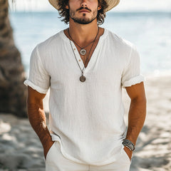 【24-hour shipping out】Men's Casual Simple V-neck Cotton Short-sleeved T-shirt 60363446U