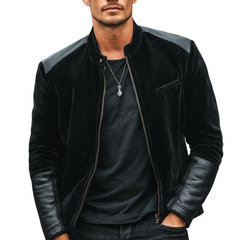 Men's Urban Black Velvet Patchwork PU Leather Zip-Up Jacket MTA1544K5U