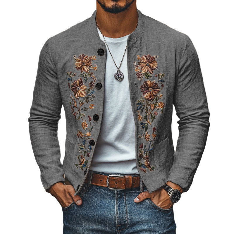 【24-hour shipping out】Men's Casual Linen Embroidered Stand Collar Single Breasted Slim Fit Jacket 48687422M