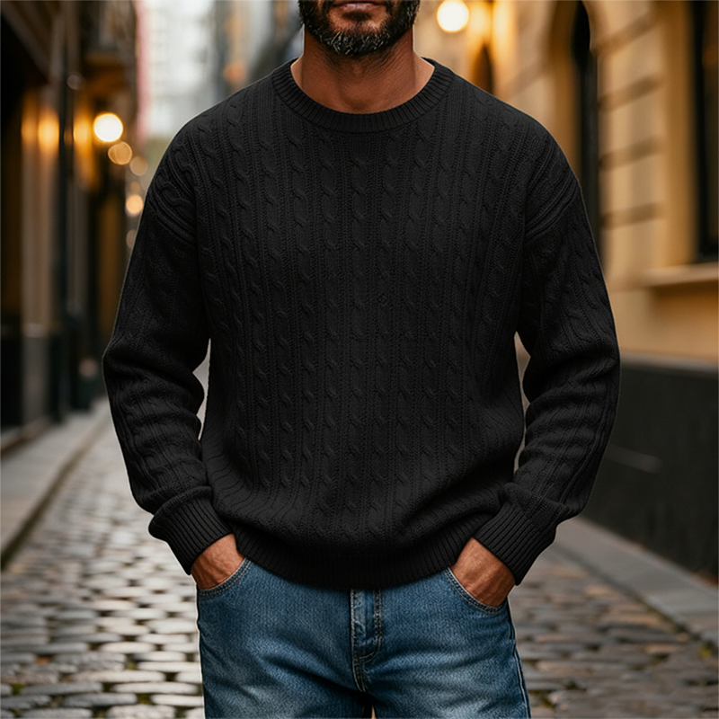 Men's Retro Solid Color Cable Knit Crew Neck Long Sleeve Sweater MTA0198K3X